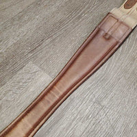 Stiff Narrow Padded Leather Girth, els *gc, edge & stitching rubs, stains, hairy seams, creases, stiff, dry, dirt, faded
