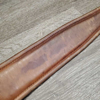 Stiff Narrow Padded Leather Girth, els *gc, edge & stitching rubs, stains, hairy seams, creases, stiff, dry, dirt, faded
