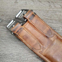 Stiff Narrow Padded Leather Girth, els *gc, edge & stitching rubs, stains, hairy seams, creases, stiff, dry, dirt, faded
