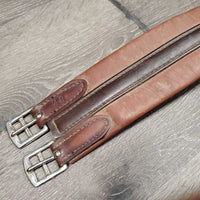 Thin Narrow Padded Leather Girth, els *gc, creases, stains, mnr dusty, thin & rubbed edges, stretched elastic
