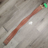 Thin Narrow Padded Leather Girth, els *gc, creases, stains, mnr dusty, thin & rubbed edges, stretched elastic
