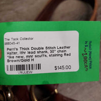 Thick Double Stitch Leather Halter, lthr lead shank, 30" chain *like new, mnr scuffs, staining
