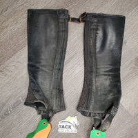 Hvy Suede Half Chaps, top buckle strap *gc/fair, faded, clumpy, dirty, frayed strap edges
