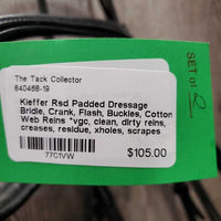 Rsd Padded Dressage Bridle, Crank, Flash, Buckles, Cotton Web Reins *vgc, clean, dirty reins, creases, residue, xholes, scrapes
