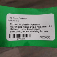 Cotton & Leather German Martingale Reins ONLY *gc, mnr dirt, chewed, rubs, torn keeper, stretched, loose stitching