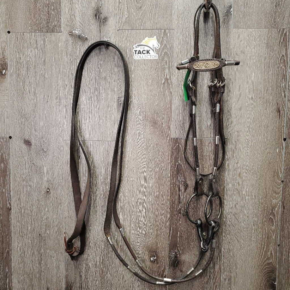 Rolled Leather & Silver Western Headstall, Reins, 5