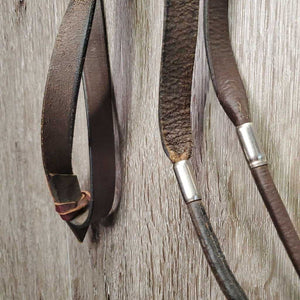 Rolled Leather & Silver Western Headstall, Reins, 5" Loose Ring Bit *vgc, clean, mnr creases, dusty, scratches & residue, loose keeper, mnr stiff & dry