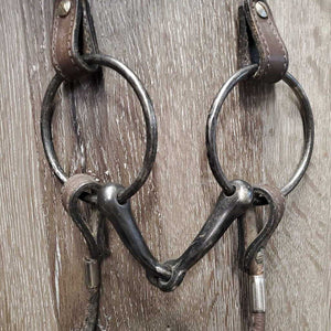 Rolled Leather & Silver Western Headstall, Reins, 5" Loose Ring Bit *vgc, clean, mnr creases, dusty, scratches & residue, loose keeper, mnr stiff & dry