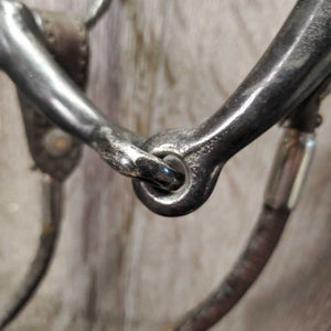 Rolled Leather & Silver Western Headstall, Reins, 5" Loose Ring Bit *vgc, clean, mnr creases, dusty, scratches & residue, loose keeper, mnr stiff & dry