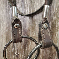 Rolled Leather & Silver Western Headstall, Reins, 5" Loose Ring Bit *vgc, clean, mnr creases, dusty, scratches & residue, loose keeper, mnr stiff & dry