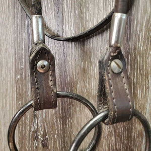 Rolled Leather & Silver Western Headstall, Reins, 5" Loose Ring Bit *vgc, clean, mnr creases, dusty, scratches & residue, loose keeper, mnr stiff & dry
