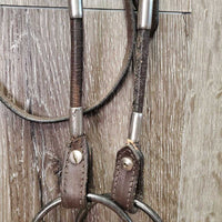 Rolled Leather & Silver Western Headstall, Reins, 5" Loose Ring Bit *vgc, clean, mnr creases, dusty, scratches & residue, loose keeper, mnr stiff & dry
