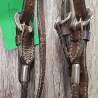 Rolled Leather & Silver Western Headstall, Reins, 5" Loose Ring Bit *vgc, clean, mnr creases, dusty, scratches & residue, loose keeper, mnr stiff & dry
