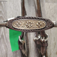 Rolled Leather & Silver Western Headstall, Reins, 5" Loose Ring Bit *vgc, clean, mnr creases, dusty, scratches & residue, loose keeper, mnr stiff & dry
