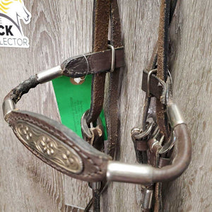 Rolled Leather & Silver Western Headstall, Reins, 5" Loose Ring Bit *vgc, clean, mnr creases, dusty, scratches & residue, loose keeper, mnr stiff & dry