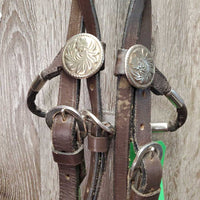 Rolled Leather & Silver Western Headstall, Reins, 5" Loose Ring Bit *vgc, clean, mnr creases, dusty, scratches & residue, loose keeper, mnr stiff & dry