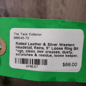 Rolled Leather & Silver Western Headstall, Reins, 5" Loose Ring Bit *vgc, clean, mnr creases, dusty, scratches & residue, loose keeper, mnr stiff & dry