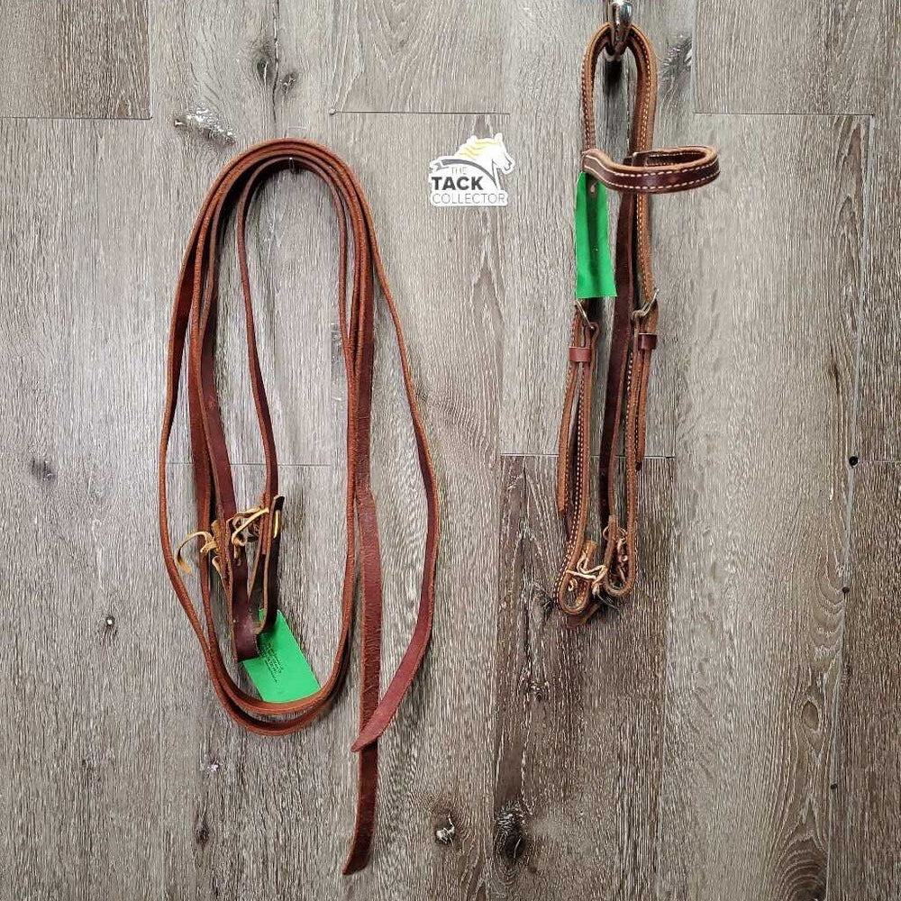 Double Stitch Western Headstall, Split Reins, Loops, Laces *like new, end: chewed, trimmed? & xholes