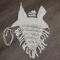 Light Crochet Fly Veil Ear Bonnet, fringe, string *vgc, clean, loose threads, stains, older
