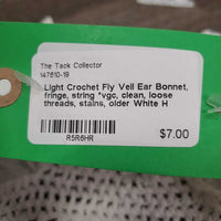 Light Crochet Fly Veil Ear Bonnet, fringe, string *vgc, clean, loose threads, stains, older

