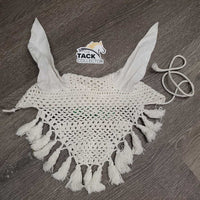 Hvy Crochet Fly Veil Ear Bonnet, Fringe, string *vgc/xc, older, clean, mnr stain
