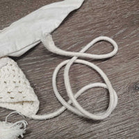 Hvy Crochet Fly Veil Ear Bonnet, Fringe, string *vgc/xc, older, clean, mnr stain
