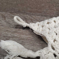 Hvy Crochet Fly Veil Ear Bonnet, Fringe, string *vgc/xc, older, clean, mnr stain
