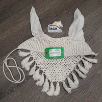 Hvy Crochet Fly Veil Ear Bonnet, Fringe, string *vgc/xc, older, clean, mnr stain

