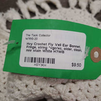 Hvy Crochet Fly Veil Ear Bonnet, Fringe, string *vgc/xc, older, clean, mnr stain
