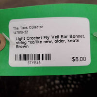 Light Crochet Fly Veil Ear Bonnet, string *xc/like new, older, knots
