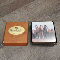 6 Alberta Rangeland Coaster Collection Coasters Set, box *gc, dirty, stains, older, ripped box, rubs
