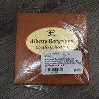 6 Alberta Rangeland Coaster Collection Coasters Set, box *gc, dirty, stains, older, ripped box, rubs
