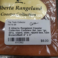 6 Alberta Rangeland Coaster Collection Coasters Set, box *gc, dirty, stains, older, ripped box, rubs
