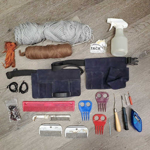 Braiding Kit: Stanley Box/Tray, 4 Combs, 2 Yarn, 2 Braid Guides, Pull Thru, Ripper, needle, elastics, 2 Pc suede belt, spray bottle, mini clippers (dont work)