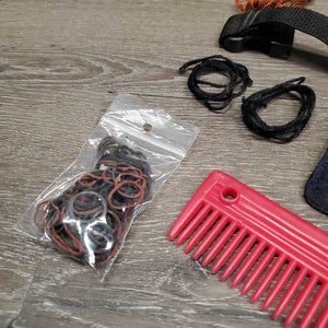 Braiding Kit: Stanley Box/Tray, 4 Combs, 2 Yarn, 2 Braid Guides, Pull Thru, Ripper, needle, elastics, 2 Pc suede belt, spray bottle, mini clippers (dont work)