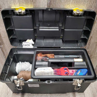 Braiding Kit: Stanley Box/Tray, 4 Combs, 2 Yarn, 2 Braid Guides, Pull Thru, Ripper, needle, elastics, 2 Pc suede belt, spray bottle, mini clippers (dont work)