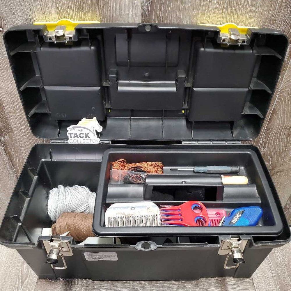 Braiding Kit: Stanley Box/Tray, 4 Combs, 2 Yarn, 2 Braid Guides, Pull Thru, Ripper, needle, elastics, 2 Pc suede belt, spray bottle, mini clippers (dont work)