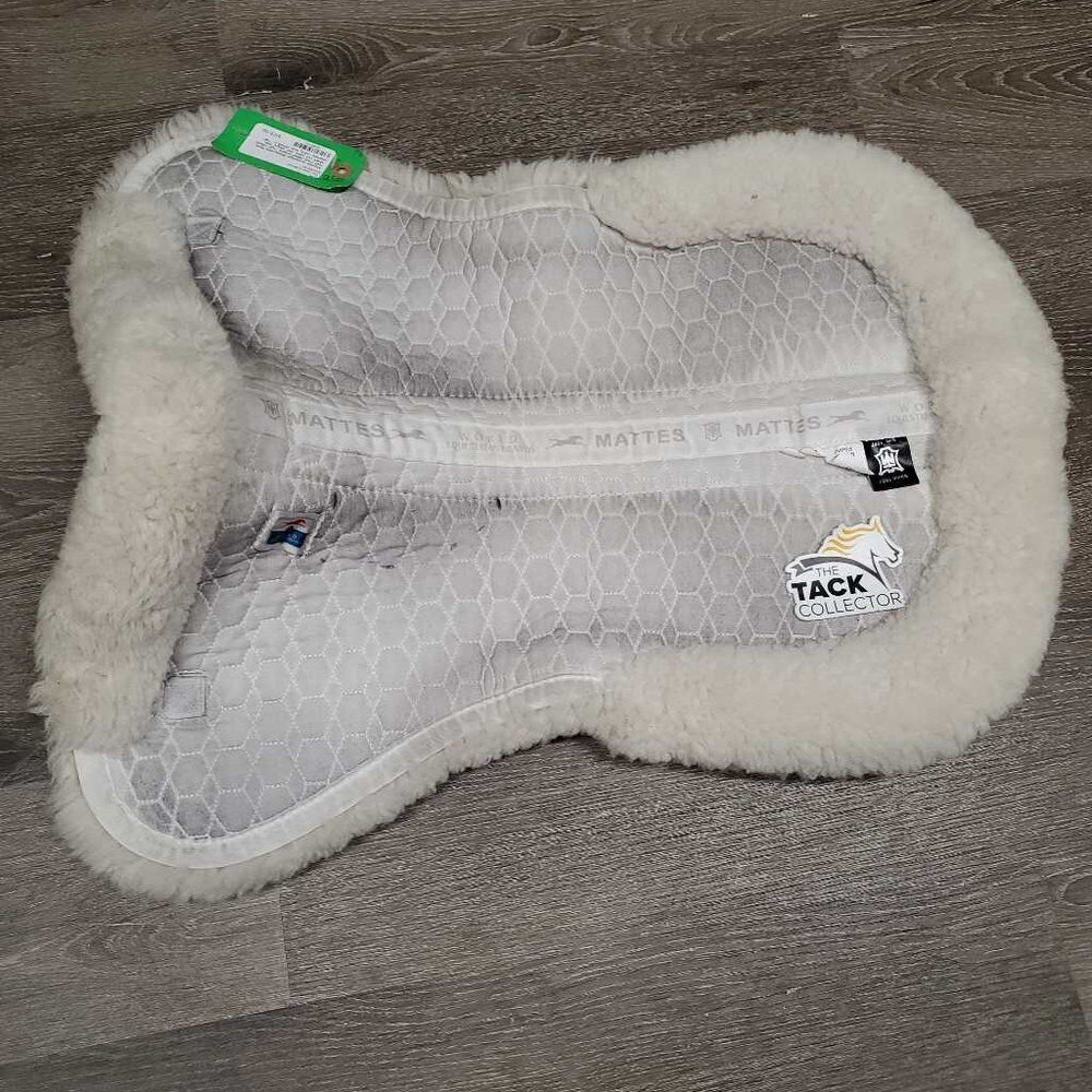 Dressage Sheepskin Quilt Half Pad, rolled edges *vgc, clean, stain, cut tabs, mnr dingy, hair, clumpy, rubs, tear