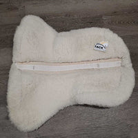 Dressage Sheepskin Quilt Half Pad, rolled edges *vgc, clean, stain, cut tabs, mnr dingy, hair, clumpy, rubs, tear
