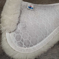 Dressage Sheepskin Quilt Half Pad, rolled edges *vgc, clean, stain, cut tabs, mnr dingy, hair, clumpy, rubs, tear
