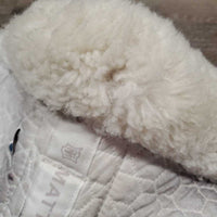 Dressage Sheepskin Quilt Half Pad, rolled edges *vgc, clean, stain, cut tabs, mnr dingy, hair, clumpy, rubs, tear
