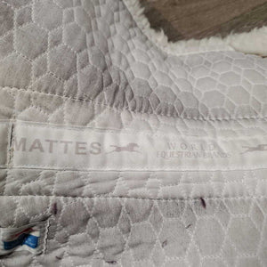 Dressage Sheepskin Quilt Half Pad, rolled edges *vgc, clean, stain, cut tabs, mnr dingy, hair, clumpy, rubs, tear