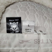 Dressage Sheepskin Quilt Half Pad, rolled edges *vgc, clean, stain, cut tabs, mnr dingy, hair, clumpy, rubs, tear
