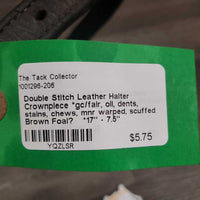 Double Stitch Leather Halter Crownpiece *gc/fair, oil, dents, stains, chews, mnr warped, scuffed
