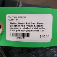 Full Seat Denim Breeches *gc, v.faded, seam puckers, v.crinkled waist, older, rubs, pills
