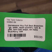 Hvy Full Seat Breeches *gc, older, seam puckers, rubs & pills, torn belt loops, sm holes
