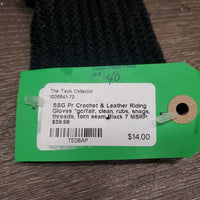 Pr Crochet & Leather Riding Gloves *gc/fair, clean, rubs, snags, threads, torn seam
