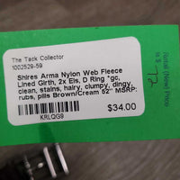 Nylon Web Fleece Lined Girth, 2x Els, D Ring *gc, clean, stains, hairy, clumpy, dingy, rubs, pills
