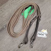 Cotton Web Draw Reins, leather buckle loop ends, snaps *gc, faded, rubs, dirty, stiff, dry, mnr snag, older
