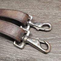Cotton Web Draw Reins, leather buckle loop ends, snaps *gc, faded, rubs, dirty, stiff, dry, mnr snag, older
